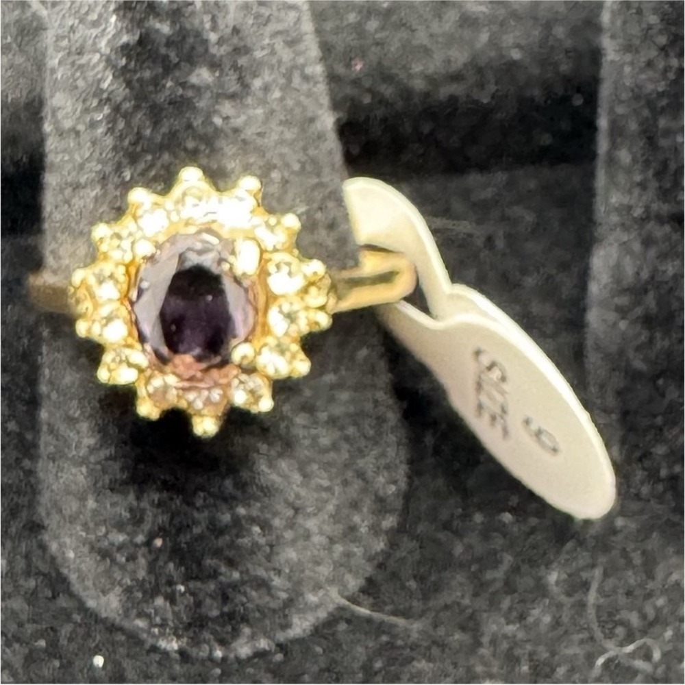 Gold Tone Metal Halo Cocktail Ring Oval Purple Stone Crystal Accents Size 9